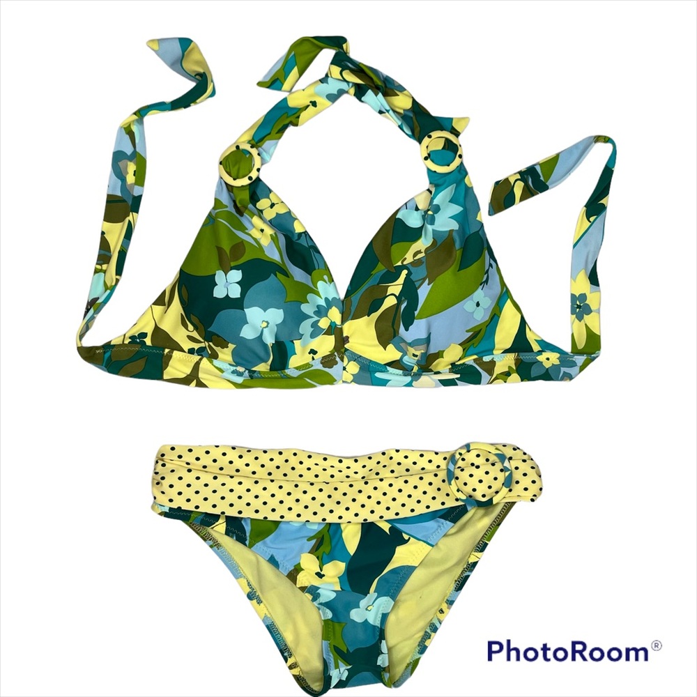 BECCA Yellow Green Blue Floral Halter Bikini with Ring Accents